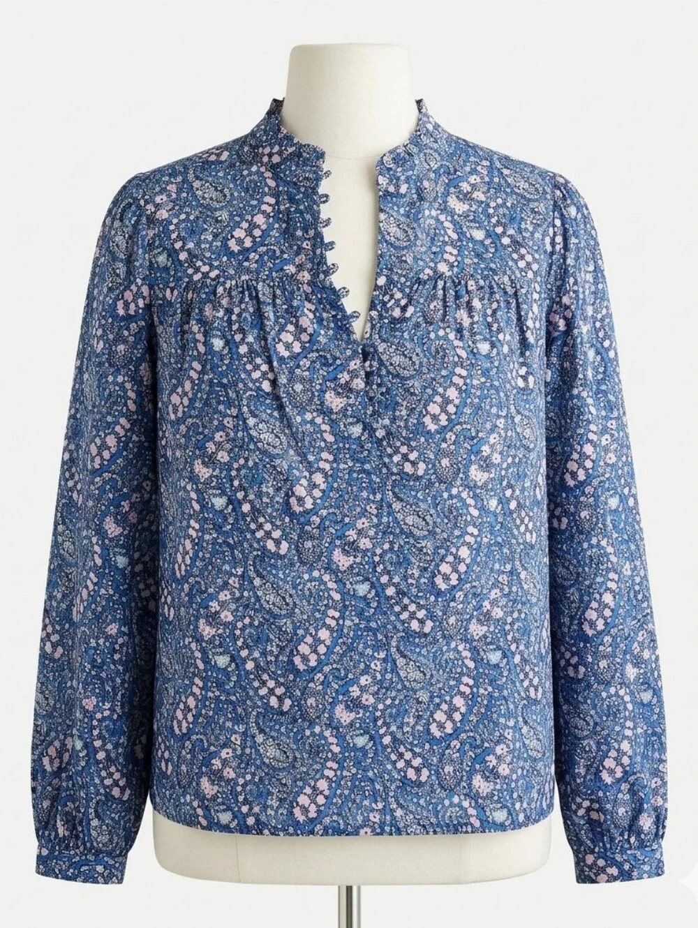 NWT J. Crew Liberty Blue Paisley Floral Button-Front Popover Blouse Cotton XXS